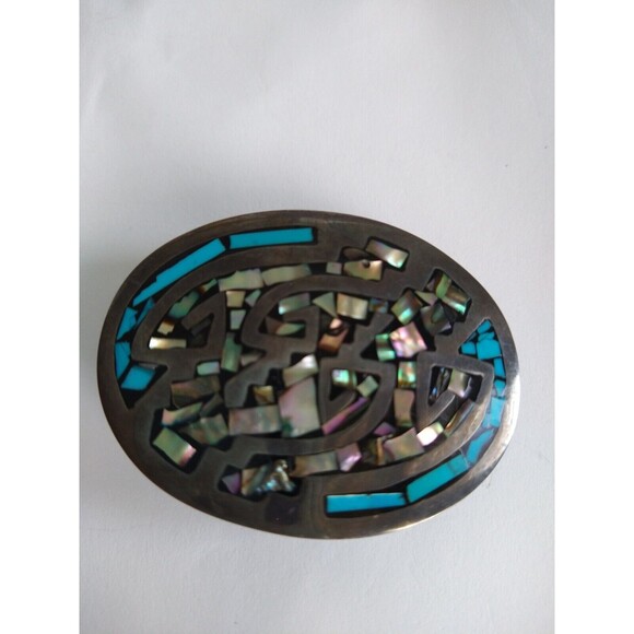 Vtg Sterling Silver Belt Buckle .925 Taxco Mexico Inlaid Turquoise Signed TA217 main image 5